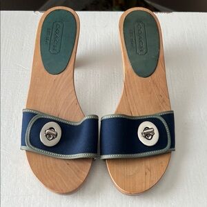 Coach Navy and Green Slide Sandals with silver hardware and wooden heel.